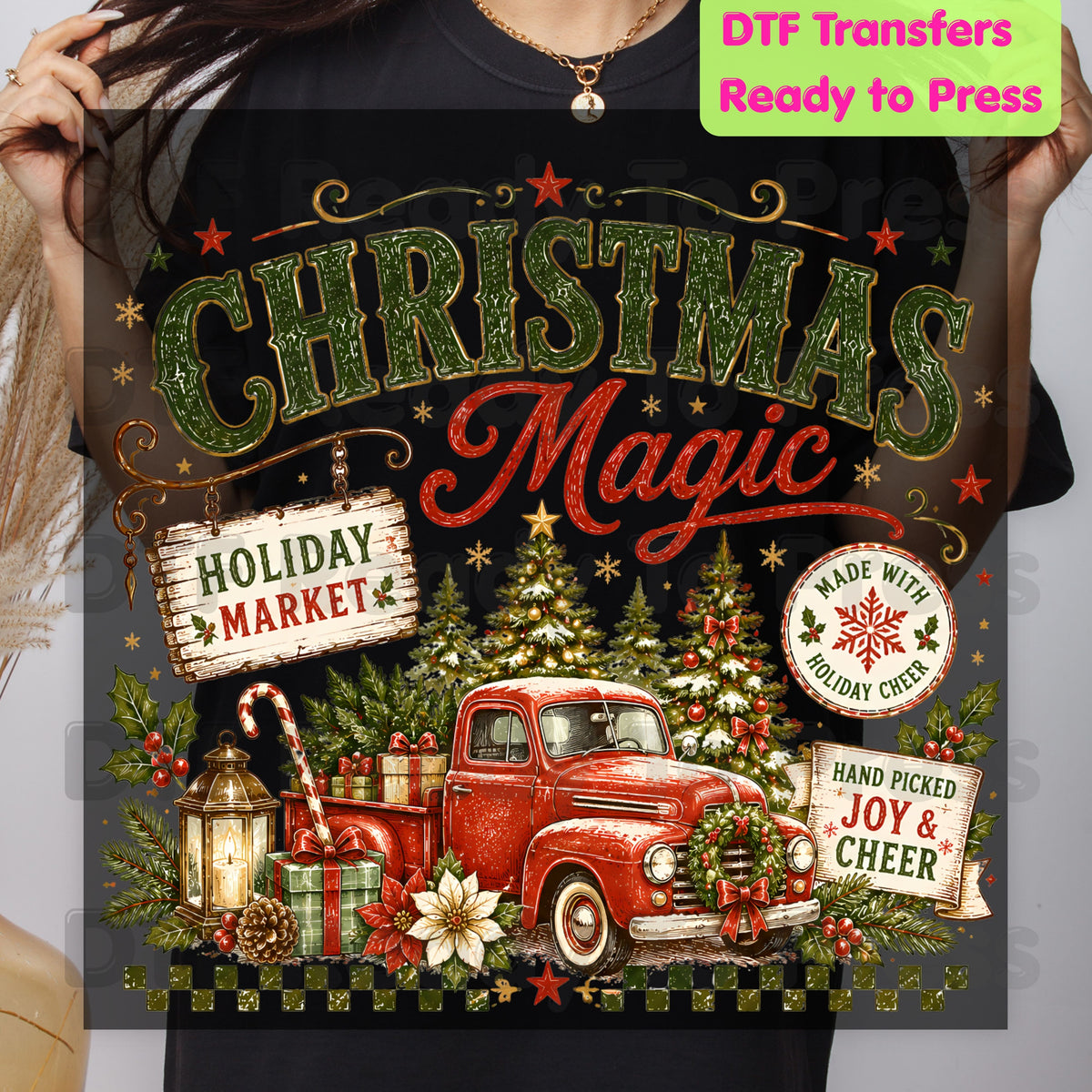 Magic Red Truck Christmas DTF Transfers, Tree Holiday Market Vintage Ready to Press