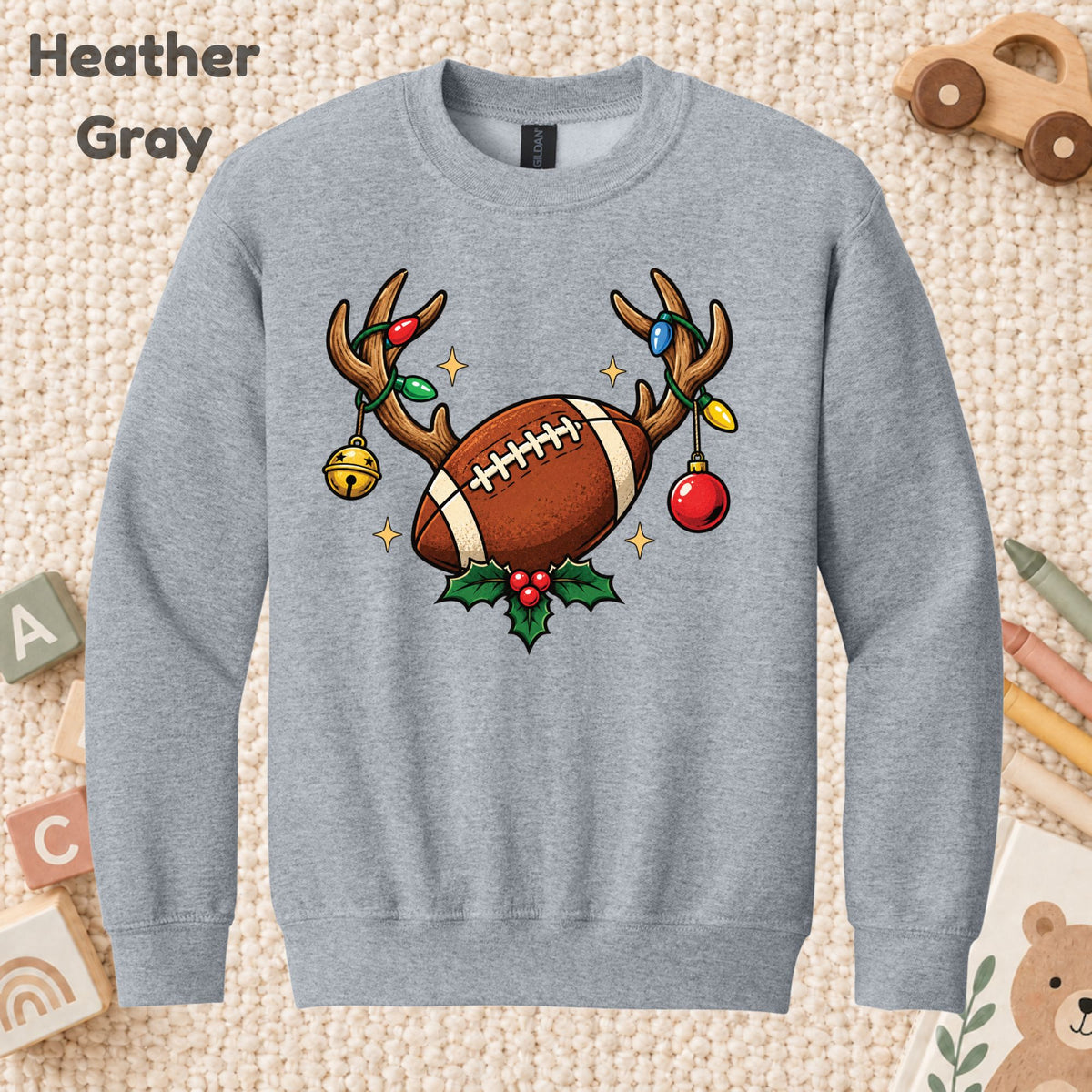 Christmas Football T-Shirt, Reindeer Antlers Lights and Holly Tee, Festive Holiday Sweatshirt