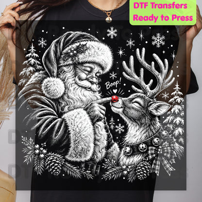 Christmas DTF Transfer, Vintage Santa Claus and Red Nose Reindeer Sketch