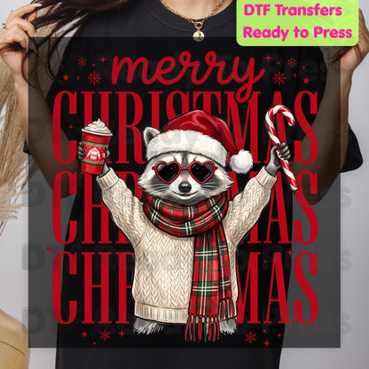 Merry Christmas Raccoon DTF Transfers, Coffee Candy Cane Festive Holiday Ready to Press