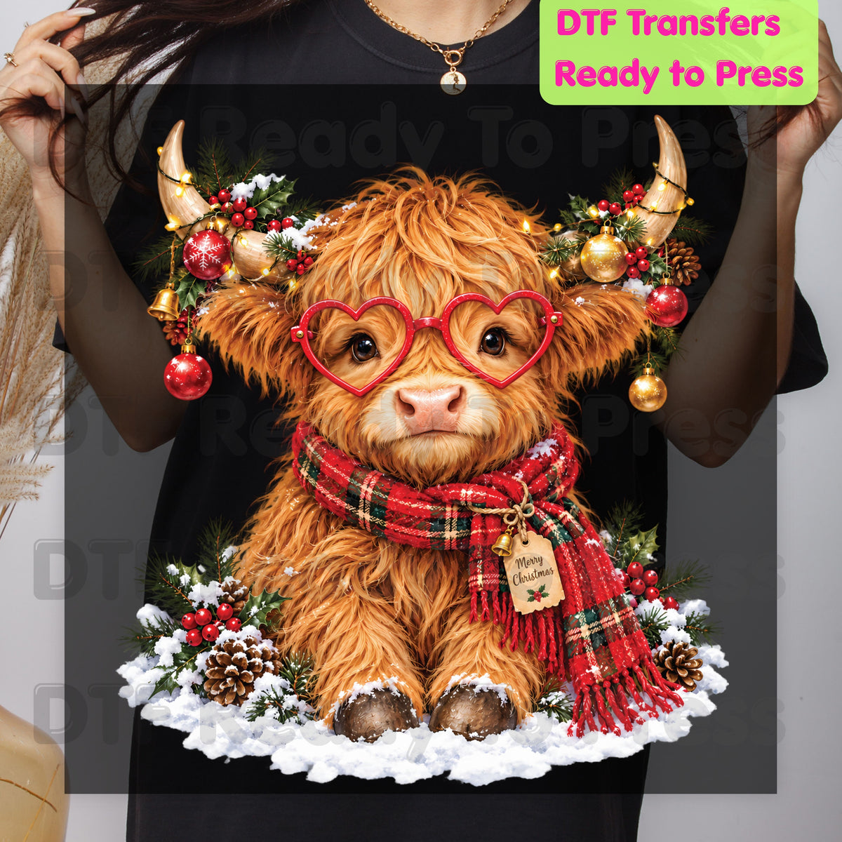 Christmas DTF Transfer, Highland Cow with Heart Glasses, Scarf and Ornaments