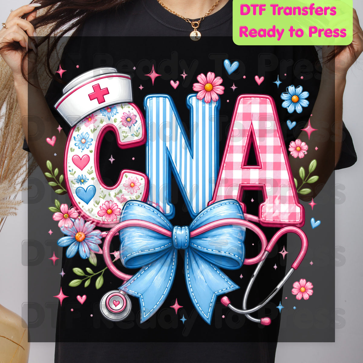 CNA Floral Bow DTF Transfers, Coquette Nurse Stethoscope Pink Blue Medical Graphic Ready to Press