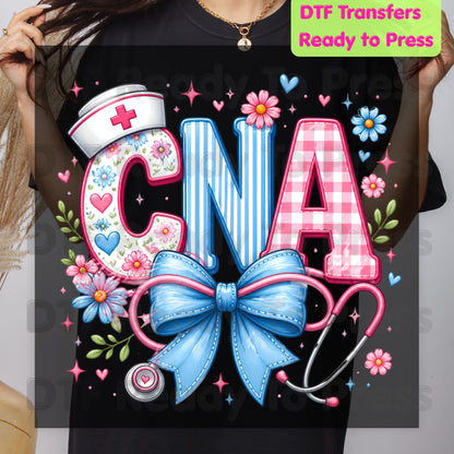 CNA Floral Bow DTF Transfers, Coquette Nurse Stethoscope Pink Blue Medical Graphic Ready to Press