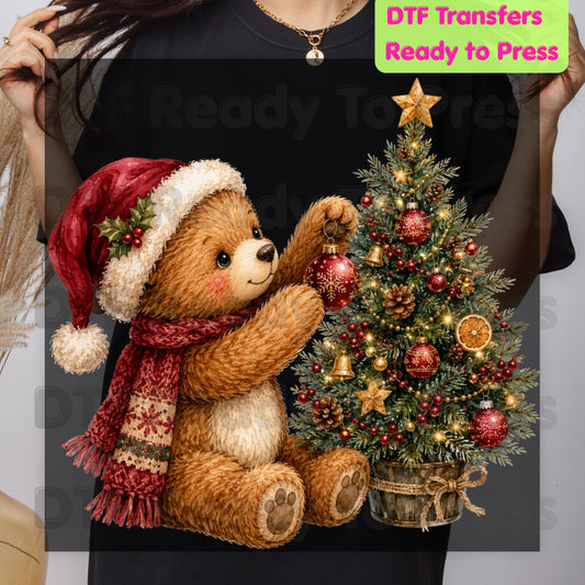 Vintage Teddy Bear Christmas DTF Transfers, Decorating Tree Santa Hat Cute Holiday Ready to Press