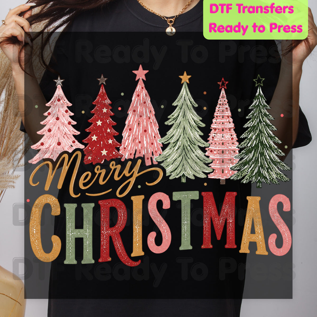 Christmas DTF Transfer, Colorful Christmas Trees, Gold Script