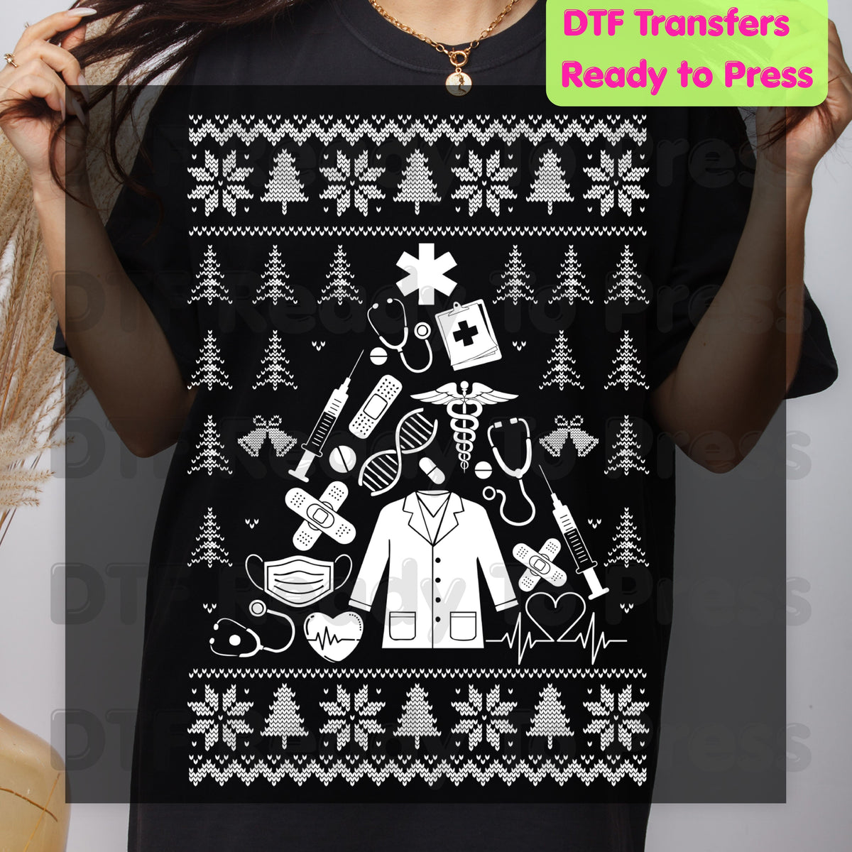 Medical Christmas Ugly Sweater DTF Transfers, Nurse Doctor Lab Coat Stethoscope Holiday Ready to Press