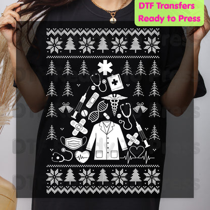 Medical Christmas Ugly Sweater DTF Transfers, Nurse Doctor Lab Coat Stethoscope Holiday Ready to Press