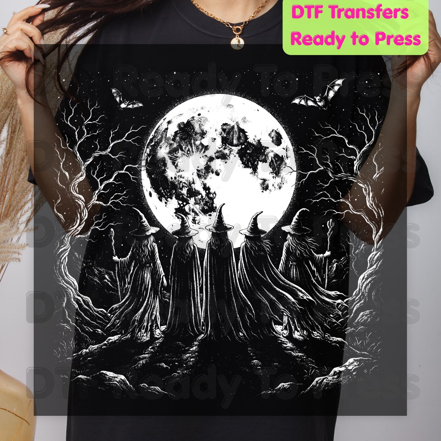 Witches Coven Full Moon DTF Transfers, Dark Forest Bats Gothic Halloween Ready to Press