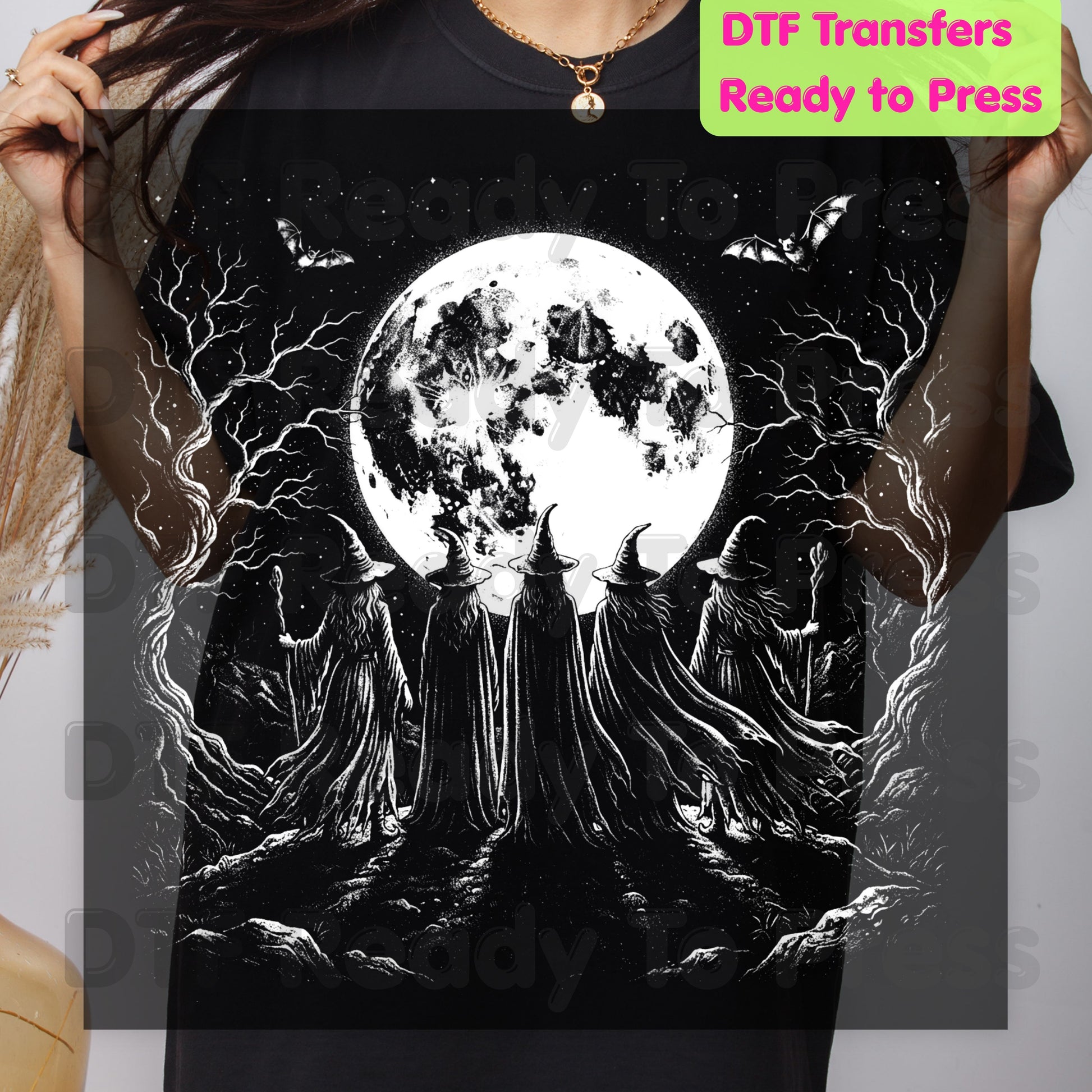 Witches Coven Full Moon DTF Transfers, Dark Forest Bats Gothic Halloween Ready to Press