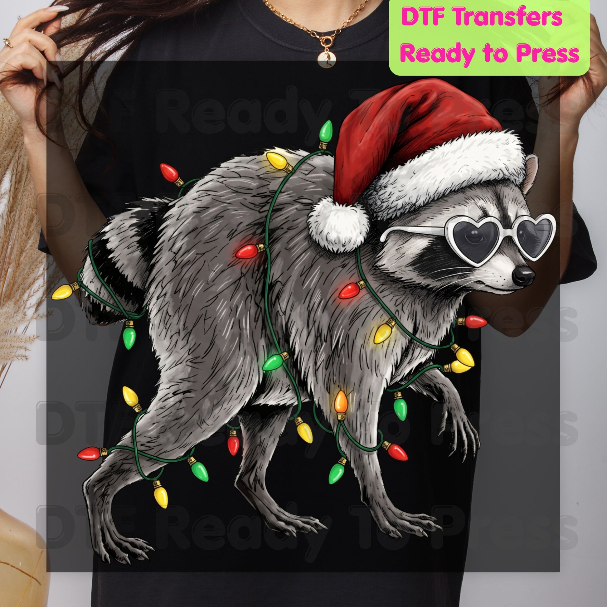 Christmas Raccoon DTF Transfers, Santa Hat Trash Panda Holiday Lights Ready to Press