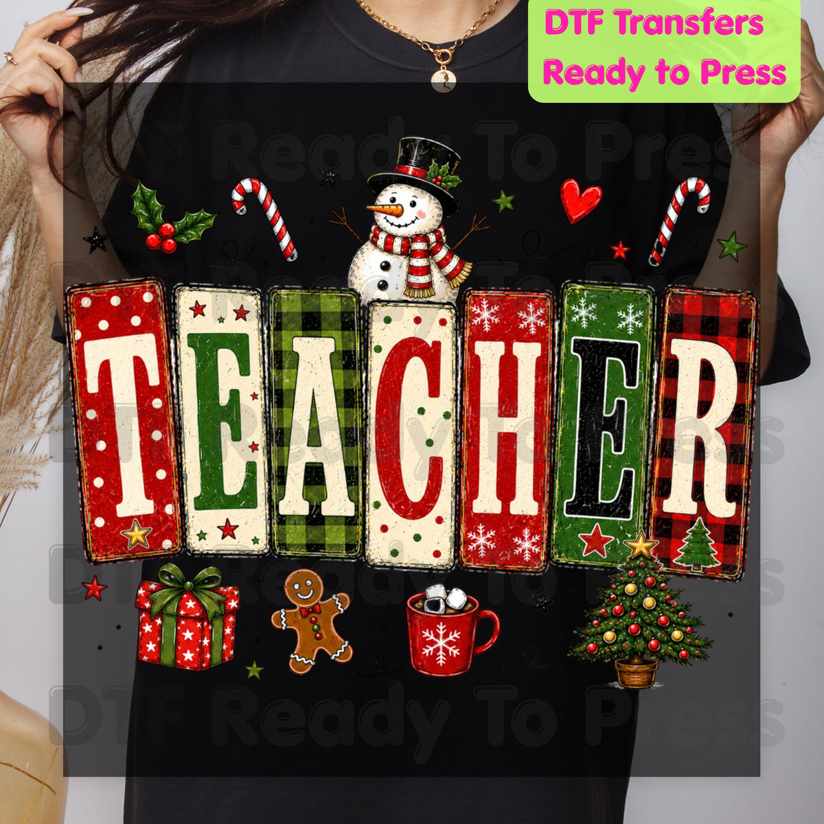 Christmas Teacher Snowman DTF Transfers, School Gingerbread Plaid Holiday Ready to Press