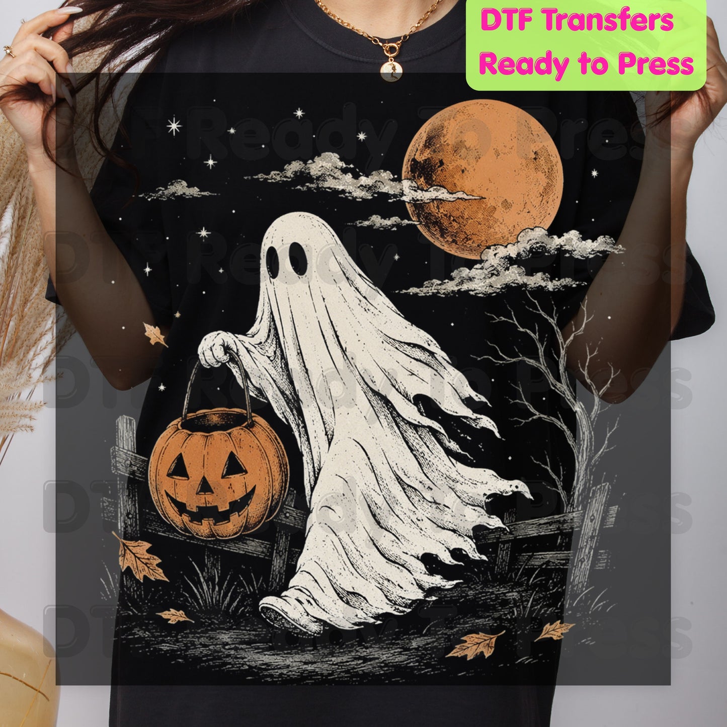Vintage Halloween Ghost DTF Transfers, Jack O Lantern Full Moon Sepia Neutral Tones Spooky Fall Ready to Press