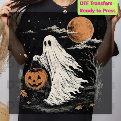Vintage Halloween Ghost DTF Transfers, Jack O Lantern Full Moon Sepia Neutral Tones Spooky Fall Ready to Press
