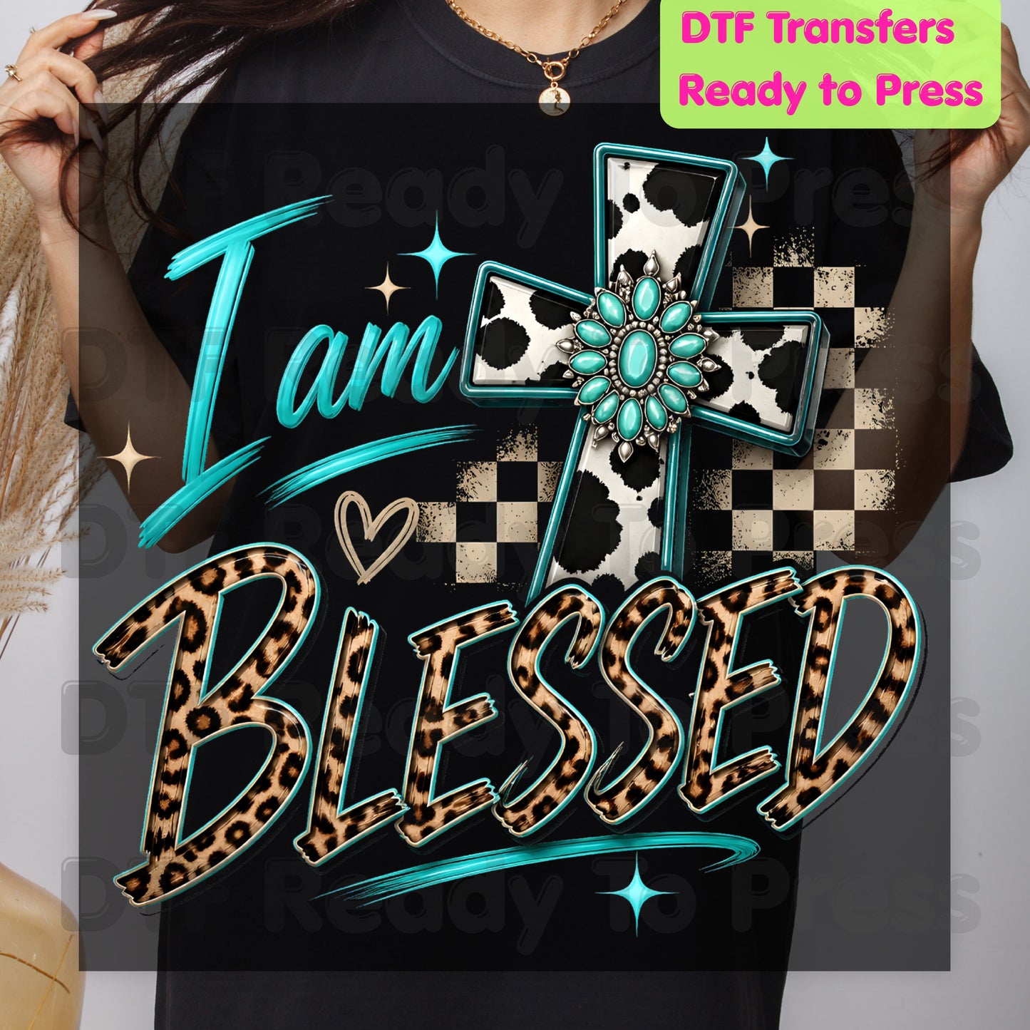 I Am Blessed DTF Transfers, Western Cross Cow Print Turquoise Leopard Faith Ready to Press