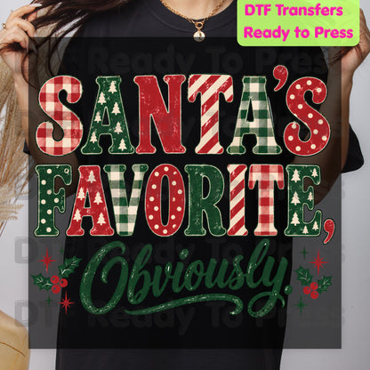 Christmas DTF Transfer, Santa’s Favorite Obviously, Plaid Lettering and Holly Graphic