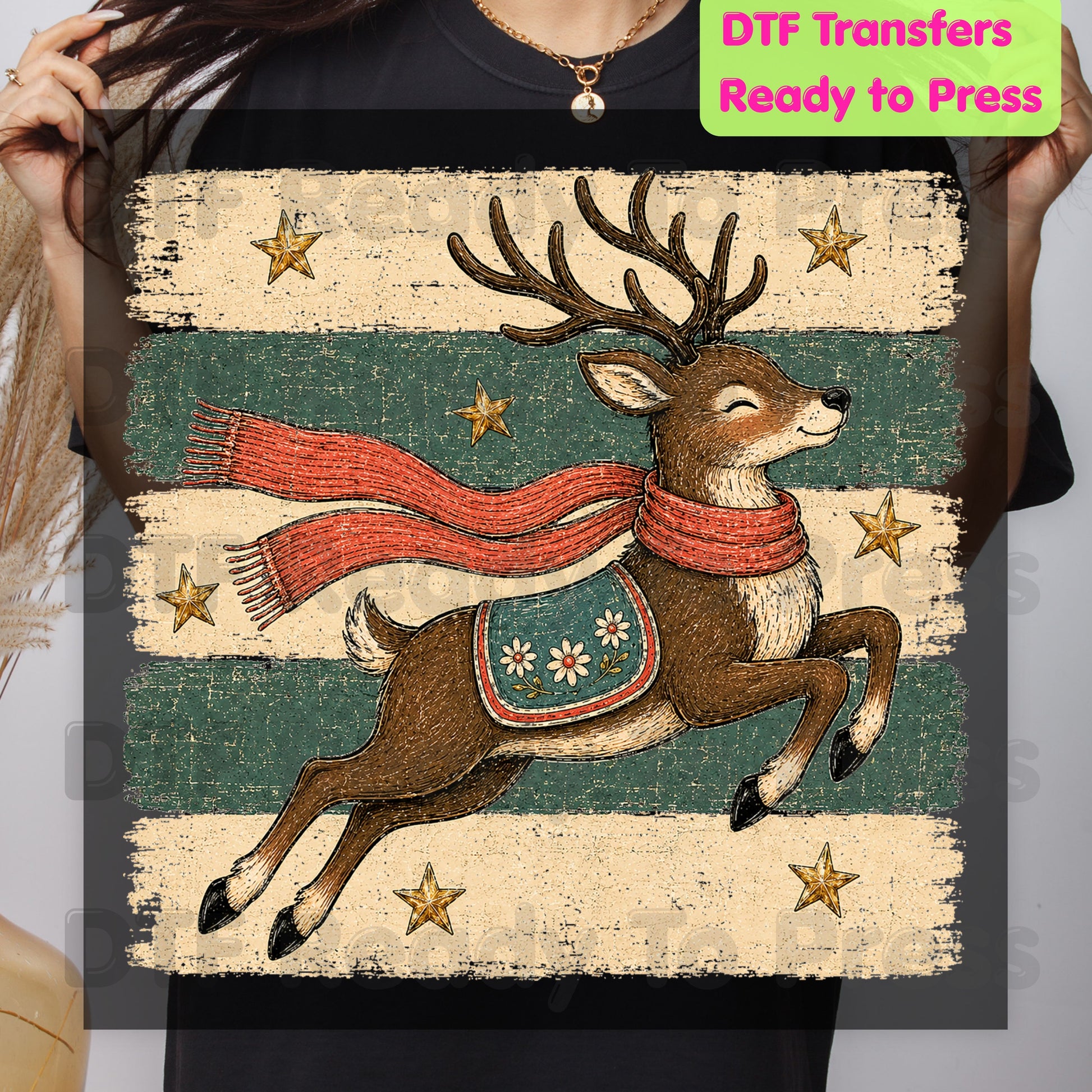 Vintage Christmas Reindeer DTF Transfers, Flying Reindeer Scarf Retro Winter Ready to Press