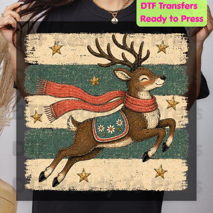 Vintage Christmas Reindeer DTF Transfers, Flying Reindeer Scarf Retro Winter Ready to Press