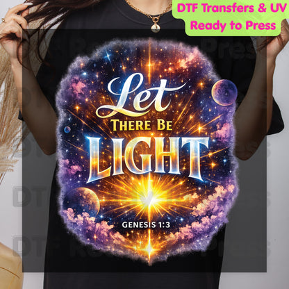 Let There Be Light Genesis 1:3 DTF Transfer Ready to Press Christian Space Galaxy UV DTF Sticker Creation Bible Verse Stars Cosmic Heat Transfer for Shirts