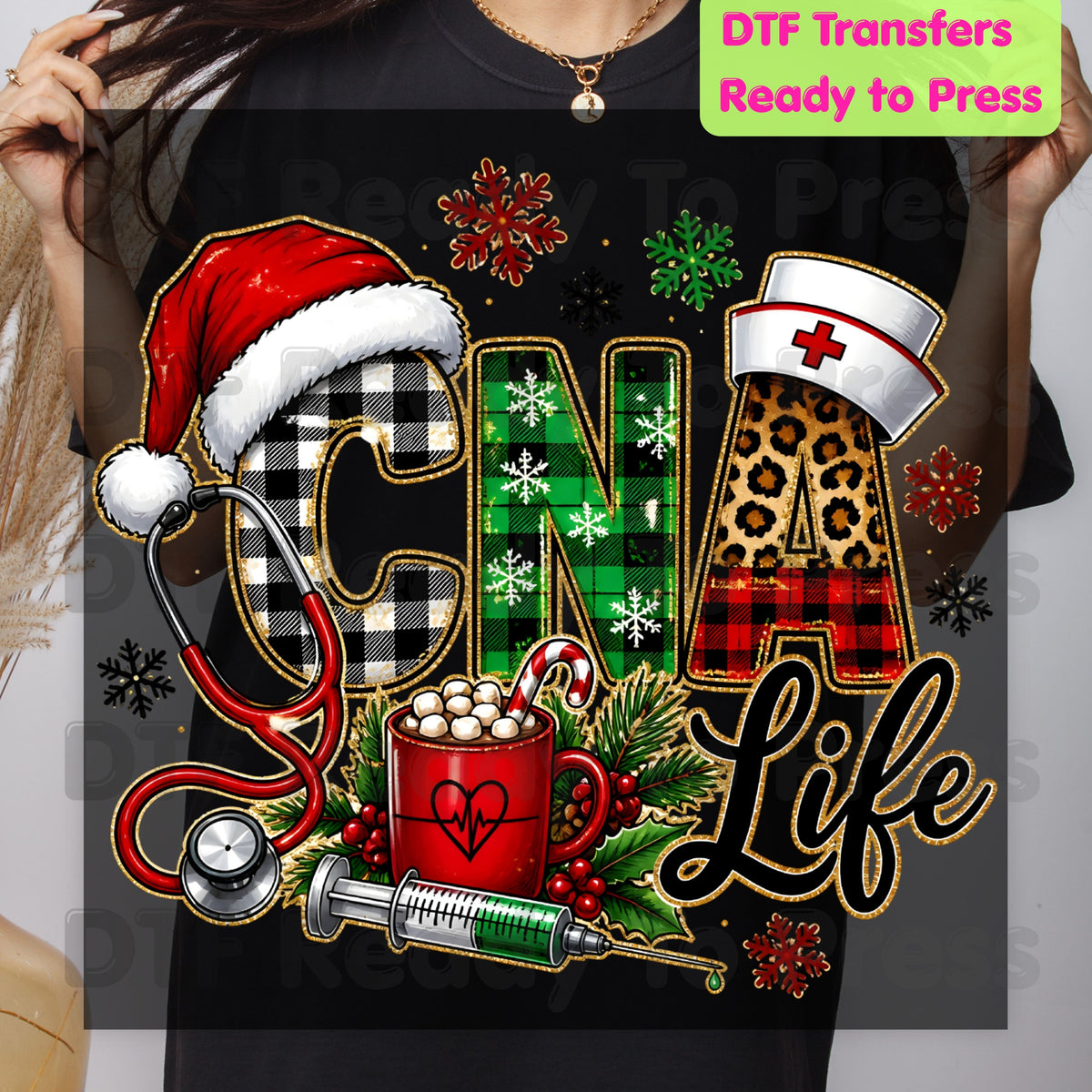 Christmas CNA Life DTF Transfers, Nursing Medical Leopard Plaid Stethoscope Holiday Ready to Press