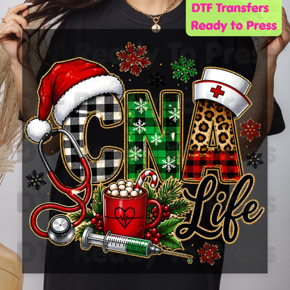 Christmas CNA Life DTF Transfers, Nursing Medical Leopard Plaid Stethoscope Holiday Ready to Press