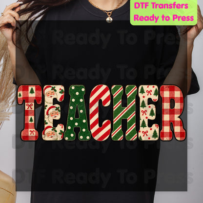Christmas Teacher Santa Vintage DTF Transfers, School Plaid Stripes Holiday Ready to Press