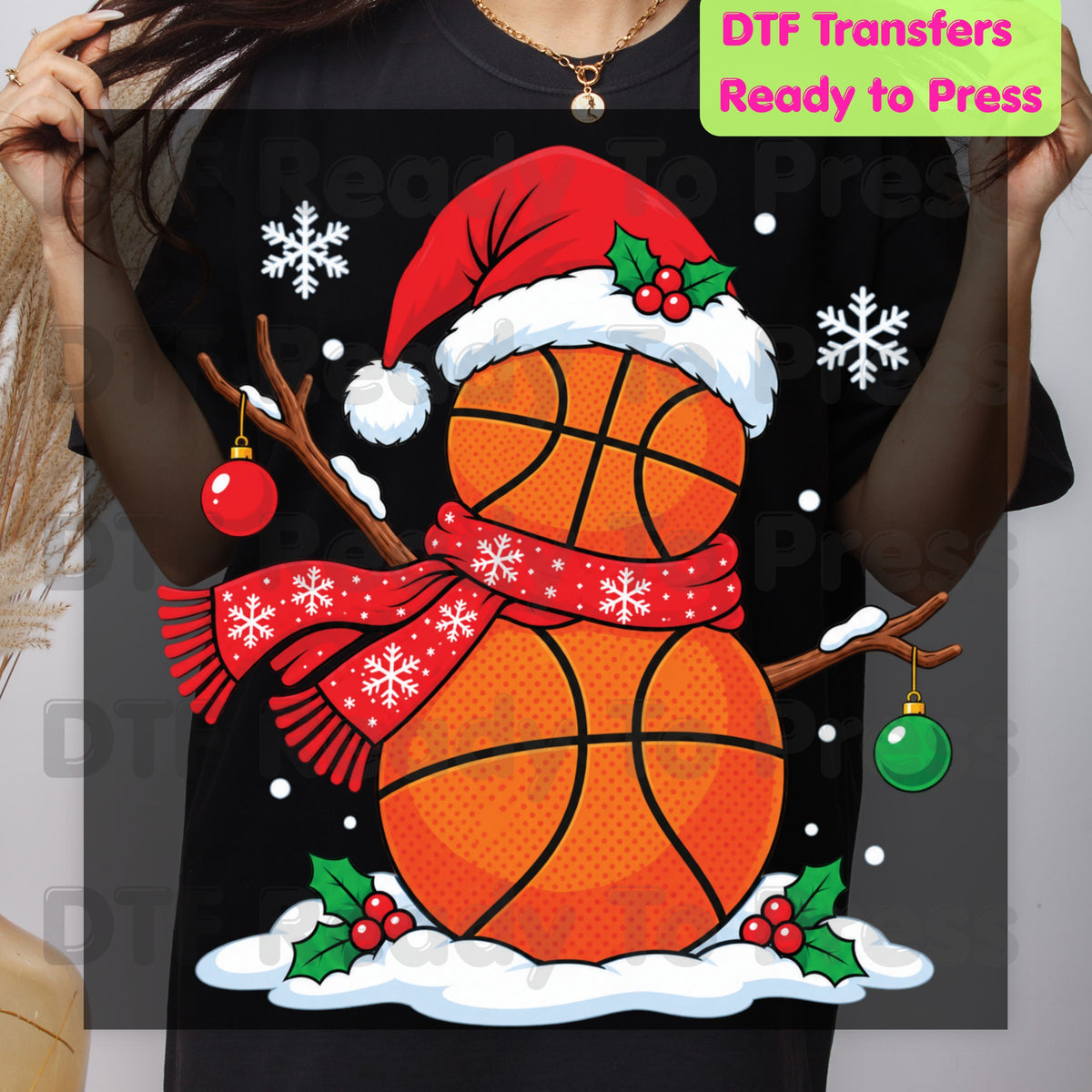 Christmas DTF Transfer, Basketball Snowman with Santa Hat and Scarf Graphic