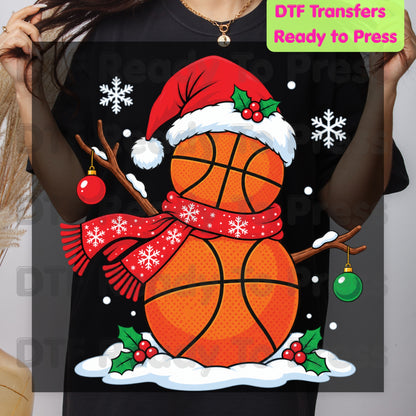 Christmas DTF Transfer, Basketball Snowman with Santa Hat and Scarf Graphic