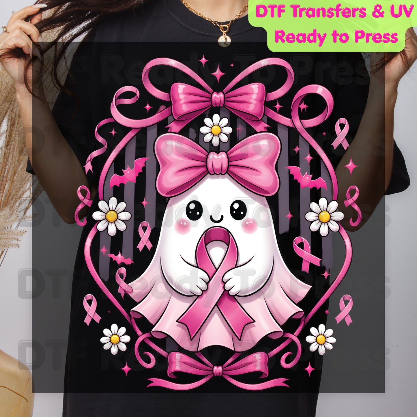 Halloween Breast Cancer Awareness Cute Ghost DTF Transfer Ready to Press Heat Transfer Pink Ribbon Bow Spooky Tee