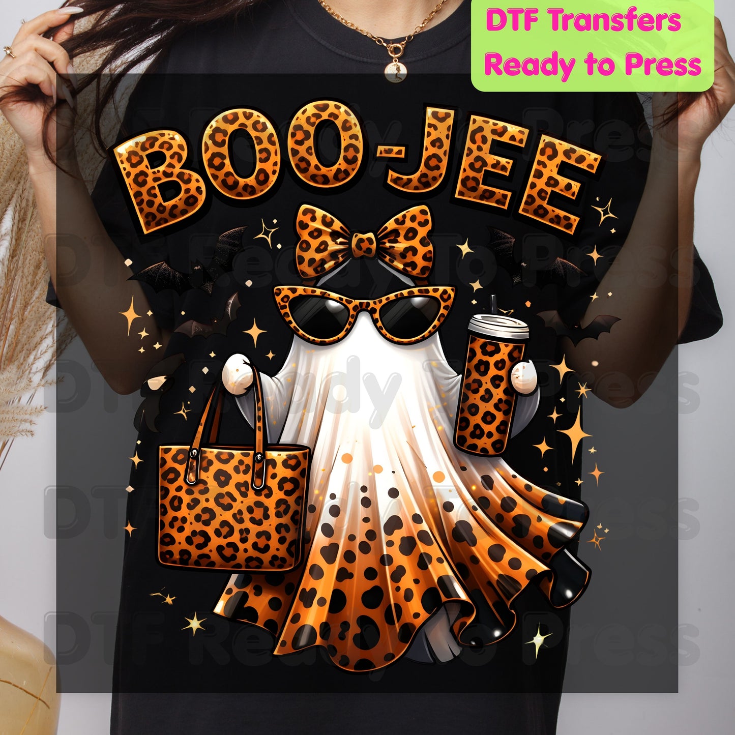 Halloween DTF Transfer Ready to Press Leopard Print Boojee Ghost with Purse Tumbler Glasses Heat Transfer Shirts Trendy Spooky Vibes Tees
