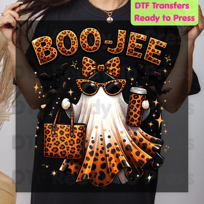 Halloween DTF Transfer Ready to Press Leopard Print Boojee Ghost with Purse Tumbler Glasses Heat Transfer Shirts Trendy Spooky Vibes Tees