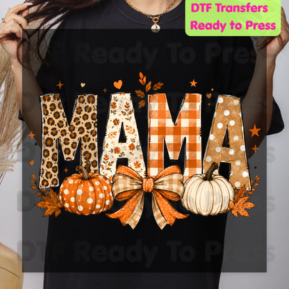 Fall Mama Pumpkin DTF Transfers, Leopard Plaid Varsity Letters Autumn Leaves Bow Thanksgiving Mom