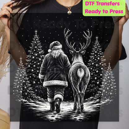 Black White Santa DTF Transfers, Reindeer Forest Vintage Christmas Holiday Ready to Press