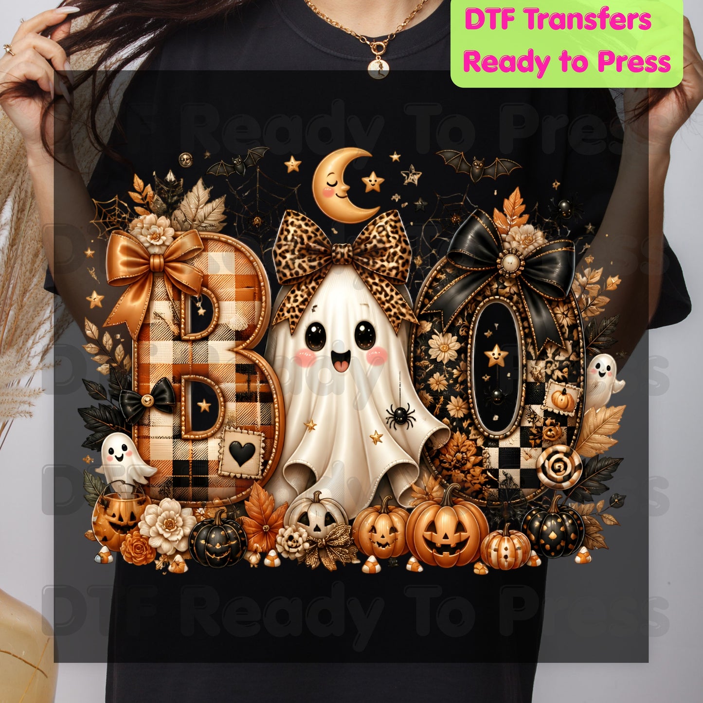 Halloween Boo Ghost DTF Transfers, Cute Bows Orange Plaid Leopard Spooky Season Ready to Press