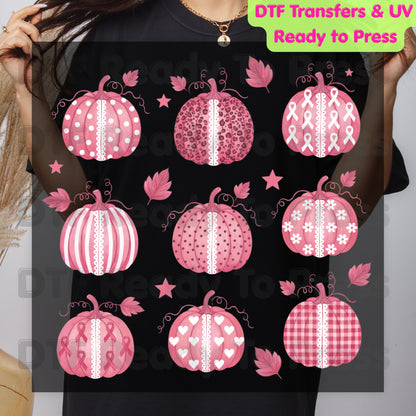 Pink Pumpkin Lace Breast Cancer Awareness DTF Transfer Ready to Press Fall Heat Transfer Tee