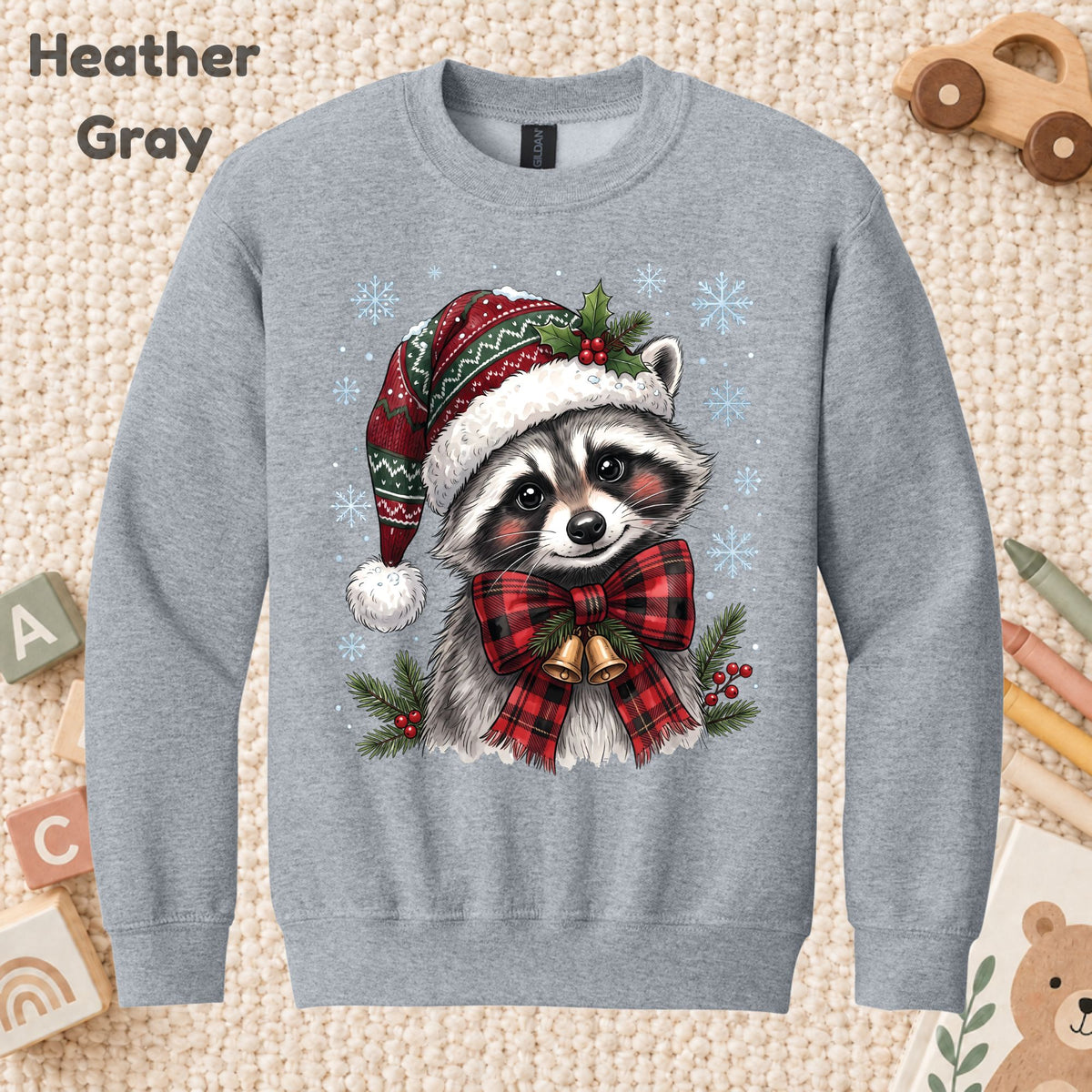 Christmas Raccoon T-Shirt, Santa Hat Buffalo Plaid Bow and Bells Tee, Festive Holiday Sweatshirt