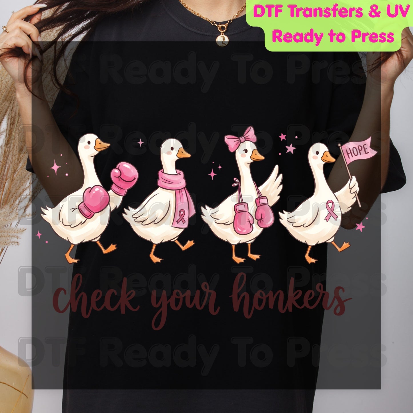 Breast Cancer Awareness Check Your Honkers DTF Transfer Ready to Press Funny Duck Heat Transfer Pink Ribbon Tee