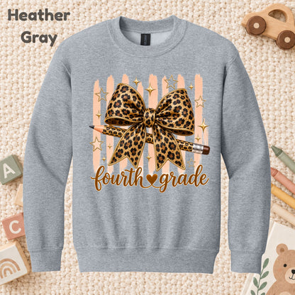 Fourth Grade Leopard Bow Pencil T-Shirt, Cute Back to School Tee for Toddler and Kids