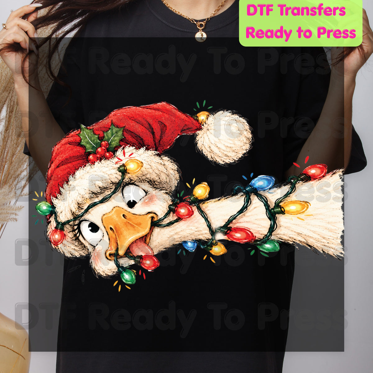 Christmas DTF Transfer, Funny Goose with Tangled Lights and Santa Hat