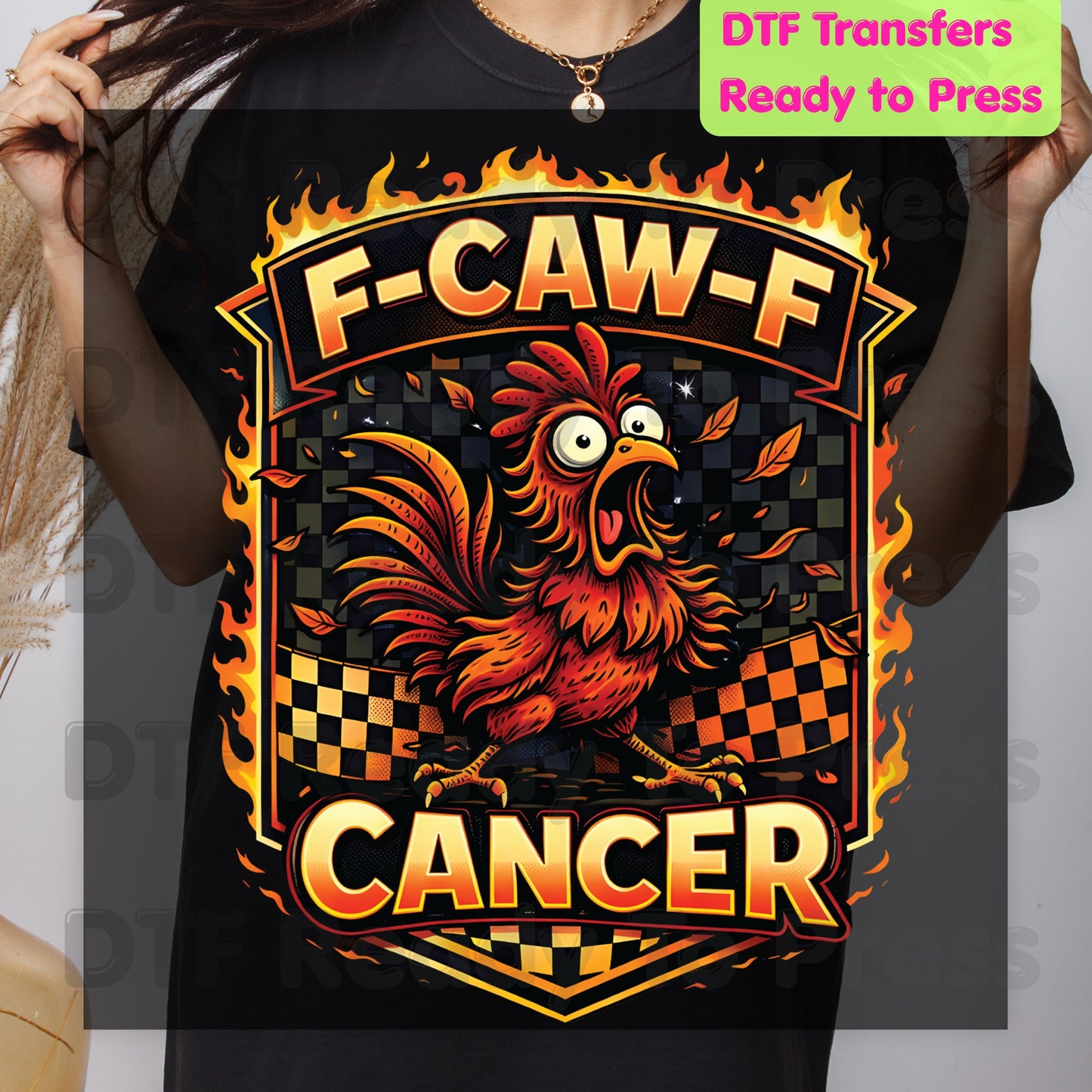 Funny Rooster DTF Transfer Ready to Press F Caw F Cancer Flaming Checkered Flag Heat Transfer Tee Print Direct to Film Transfer