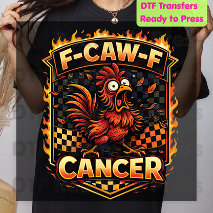 Funny Rooster DTF Transfer Ready to Press F Caw F Cancer Flaming Checkered Flag Heat Transfer Tee Print Direct to Film Transfer