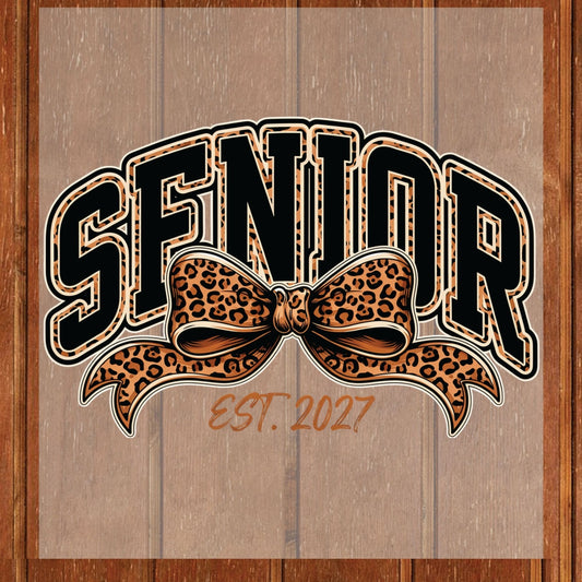 Senior Est 2027 DTF Transfer Ready to Press Graduation Heat Transfer for Shirts Black Orange Leopard Print Bow Varsity Font Tee