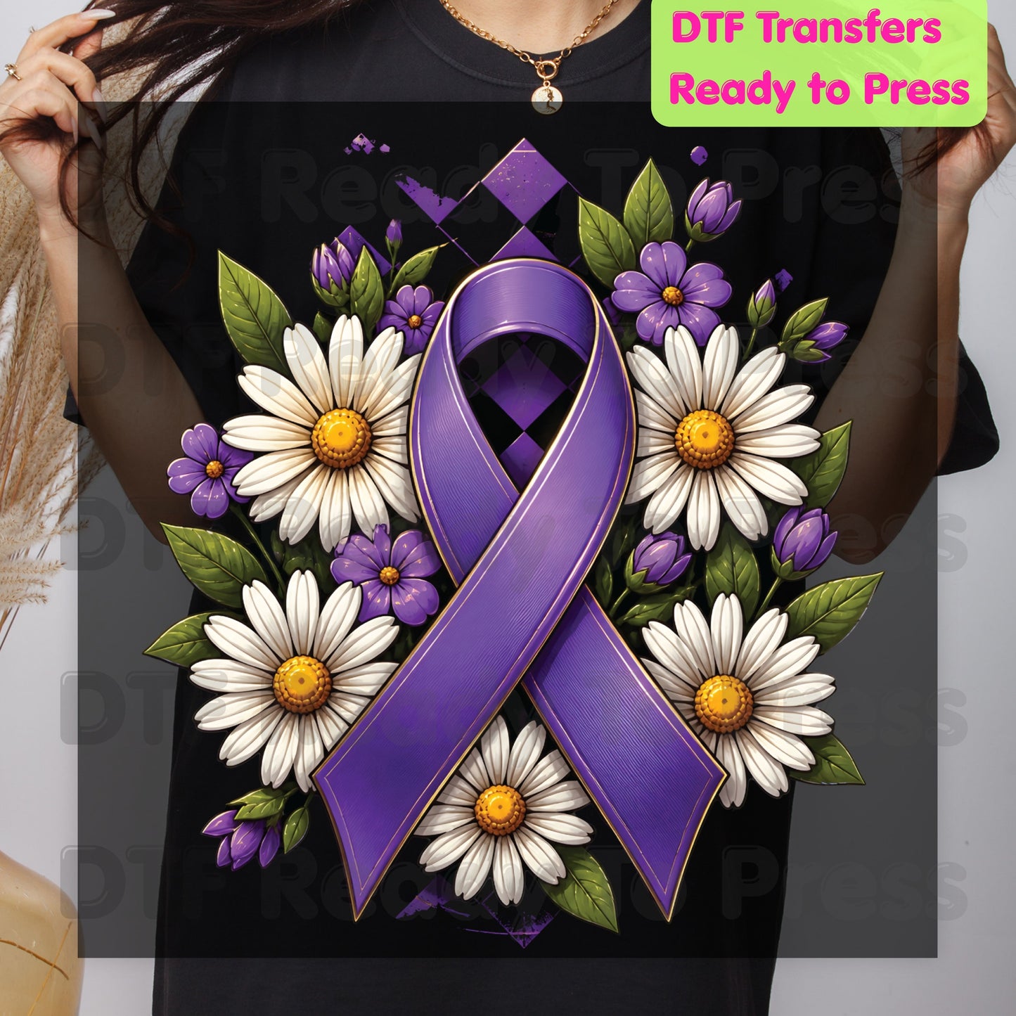 Purple Ribbon DTF Transfer Ready to Press Daisies Flowers Awareness Heat Transfer Tee Print Direct to Film Transfer