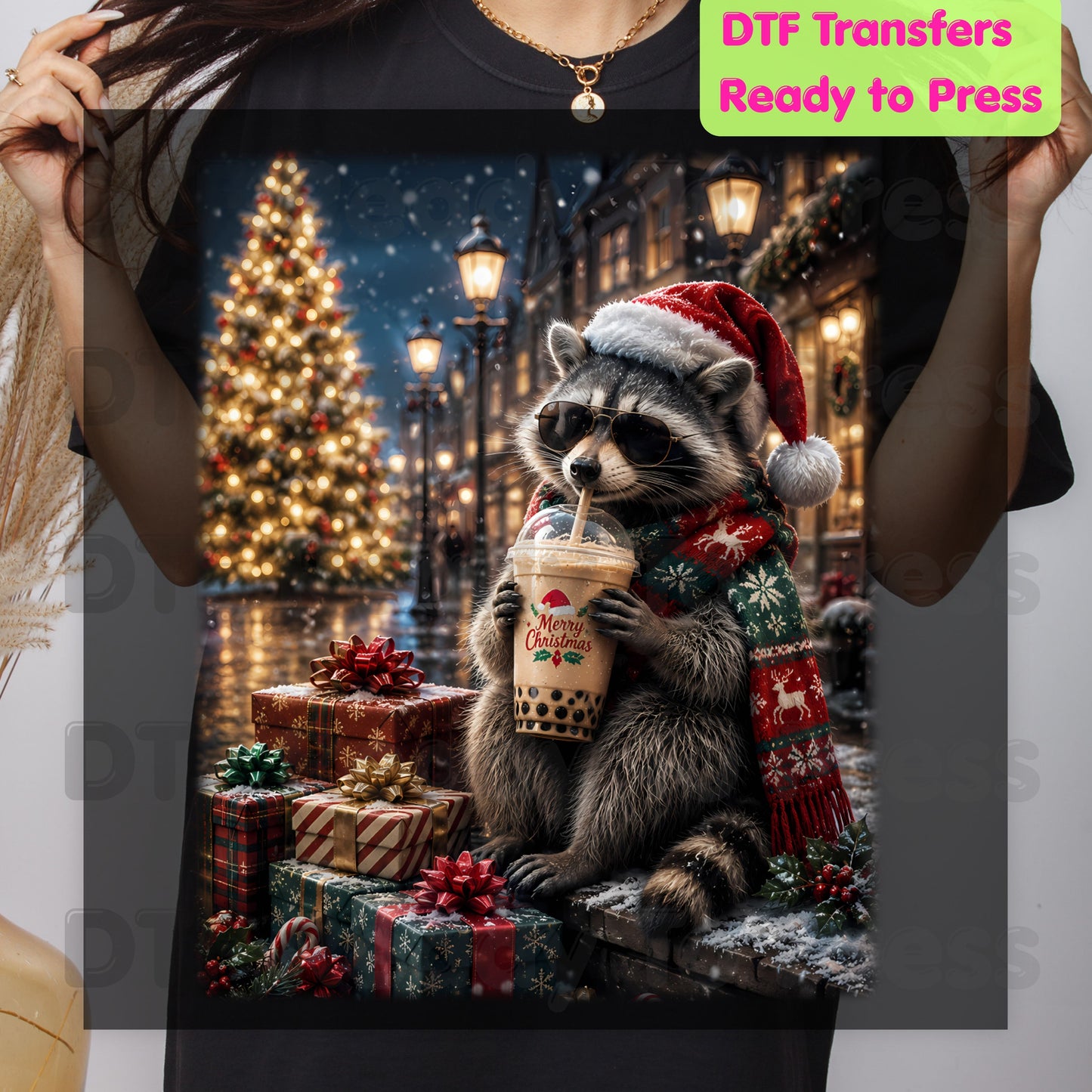 Christmas Raccoon DTF Transfers, Santa Hat Coffee Drink Cute Holiday Winter Ready to Press