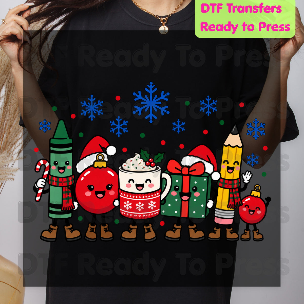 Christmas Teacher Squad DTF Transfers, Holiday School Crayon Cocoa Pencil Teacher Ready to Press