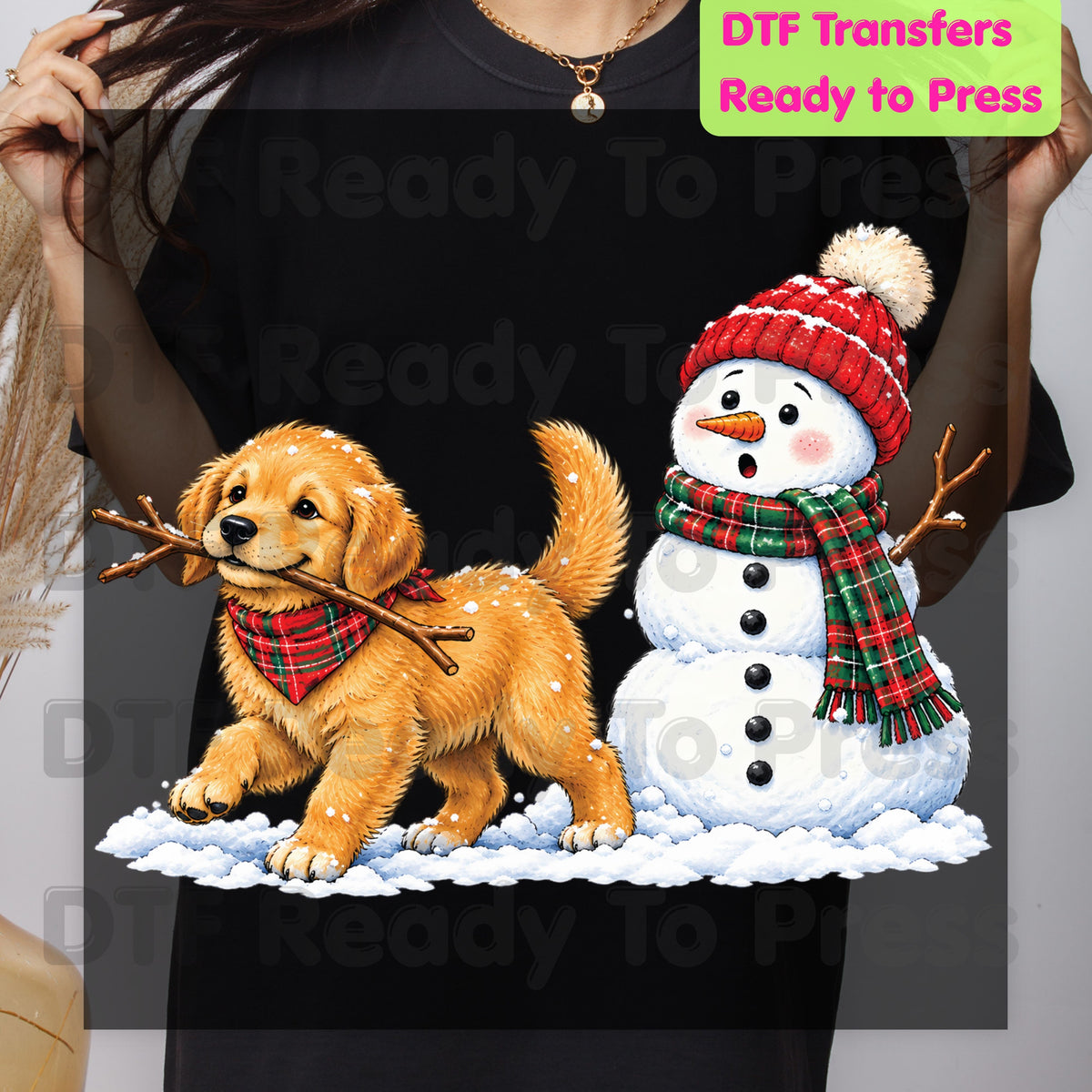 Christmas DTF Transfer, Golden Retriever Puppy with Snowman and Plaid Scarf