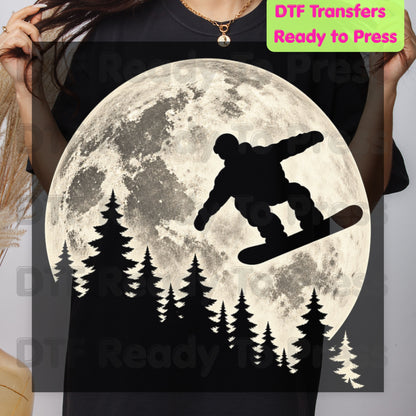 Snowboarding DTF Transfer, Full Moon Snowboarder and Pine Tree Silhouette