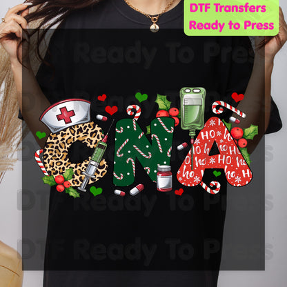 Christmas CNA Leopard DTF Transfers, Holiday Nurse Hat Syringe IV Bag Nursing Ready to Press