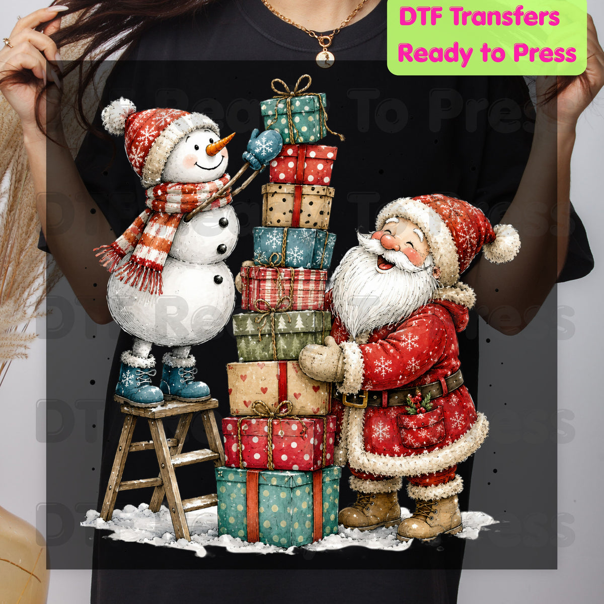 Christmas Santa Snowman DTF Transfers, Stacking Gifts Cute Holiday Ready to Press