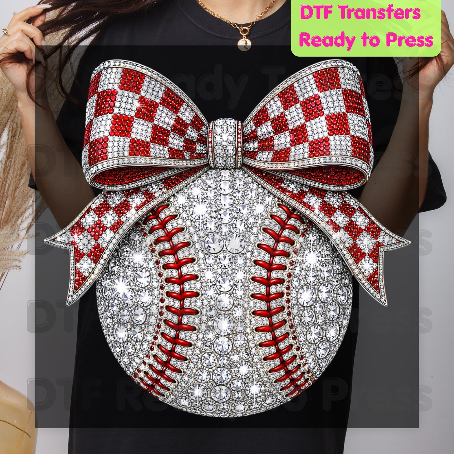 Coquette Baseball DTF Transfers, Sparkle Baseball Red Checkered Bow Sports Mom Girl Ready to Press