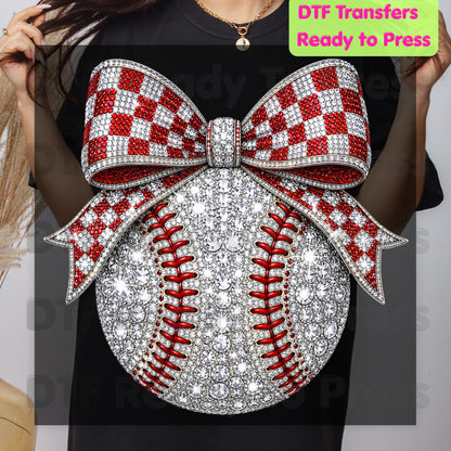 Coquette Baseball DTF Transfers, Sparkle Baseball Red Checkered Bow Sports Mom Girl Ready to Press